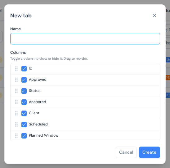 The New tab dialog with a name field and a list of columns with checkboxes and drag handles