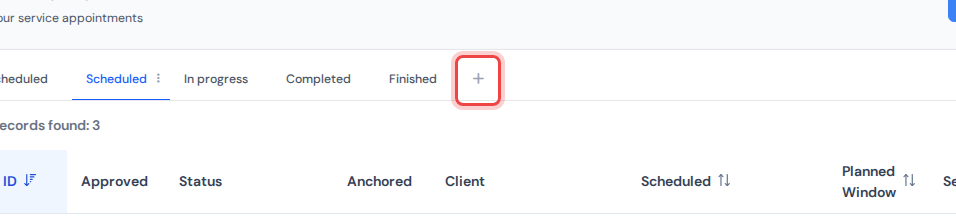 The tab row of the appointments list with the plus button highlighted at its right end