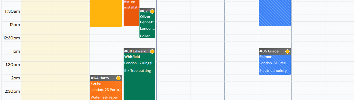 A calendar day where a lunch break block is visible in the middle of James Miller's column