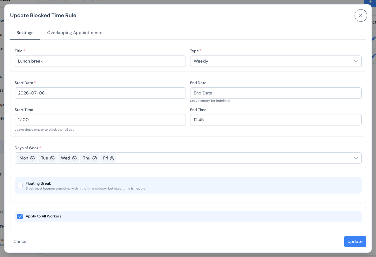 The Create Blocked Time Rule dialog with a weekly lunch break being set up for all workers
