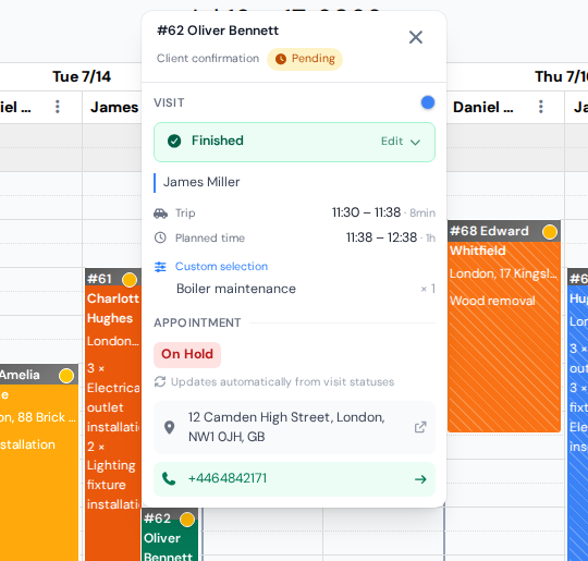 A visit card in the calendar showing the client, services, times and the trip to the address