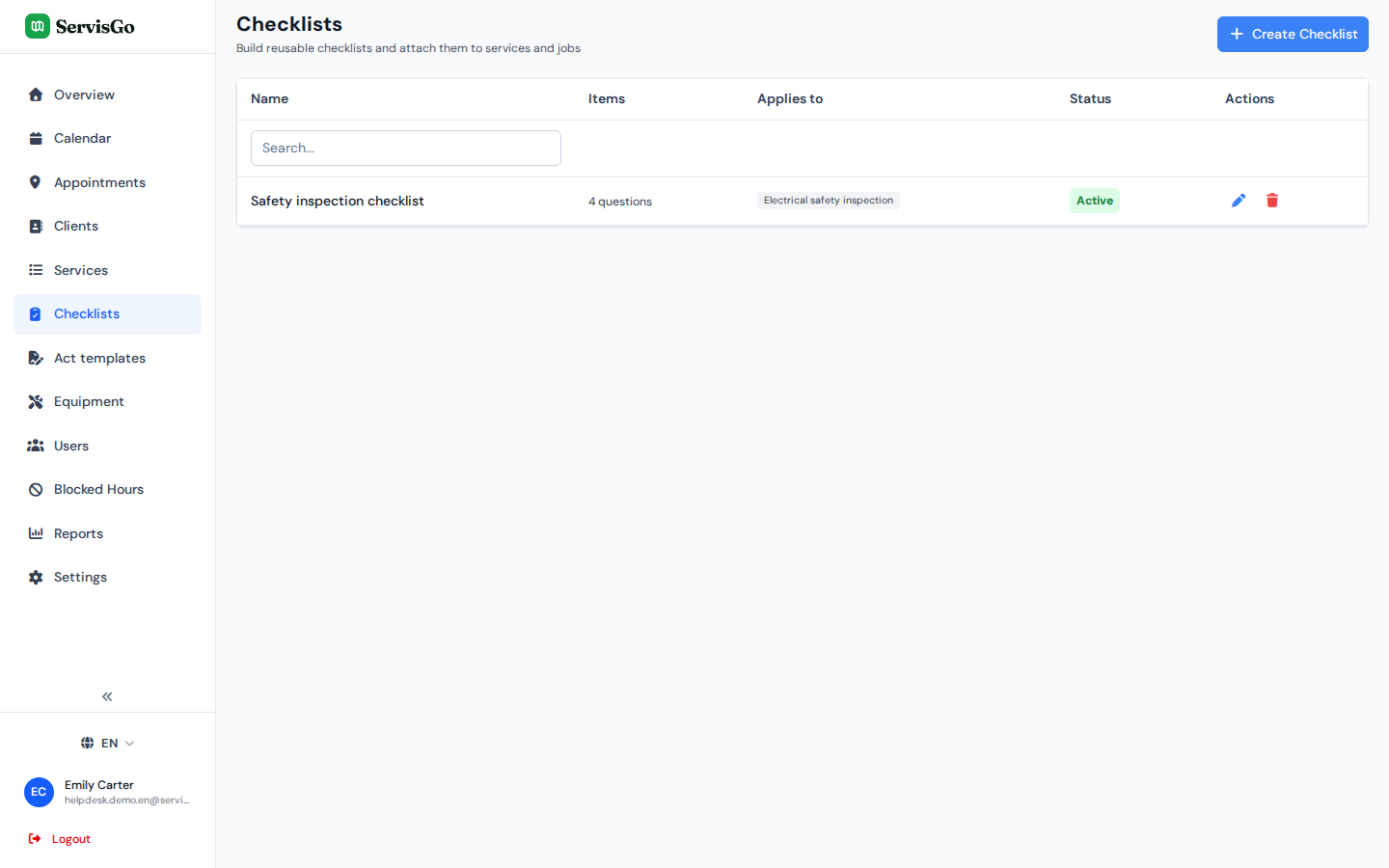 The Checklists page with reusable checklists, each linked to the services it applies to