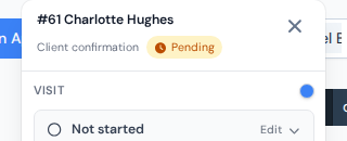 A visit card in the calendar showing the Client confirmation status