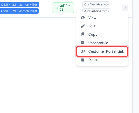 An appointment row with the chain-link icon that opens the Customer Portal Link window