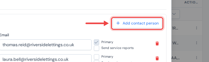 The Contact persons card of the client dialog with an arrow pointing at the Add contact person button