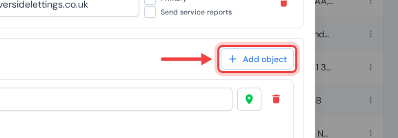 The Objects card of the client dialog with an arrow pointing at the Add object button