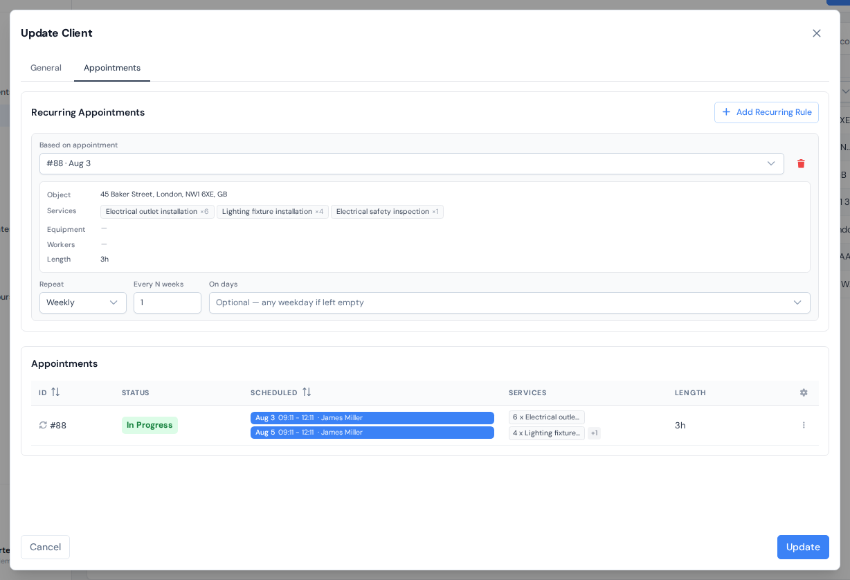 The Appointments tab of the client dialog with the client's appointment history and the Recurring Appointments card