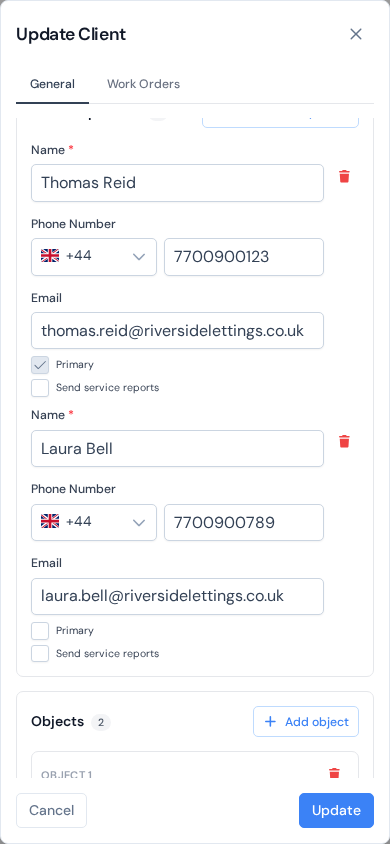 The client dialog on a phone screen: full screen, one column, objects labeled Object 1 and Object 2