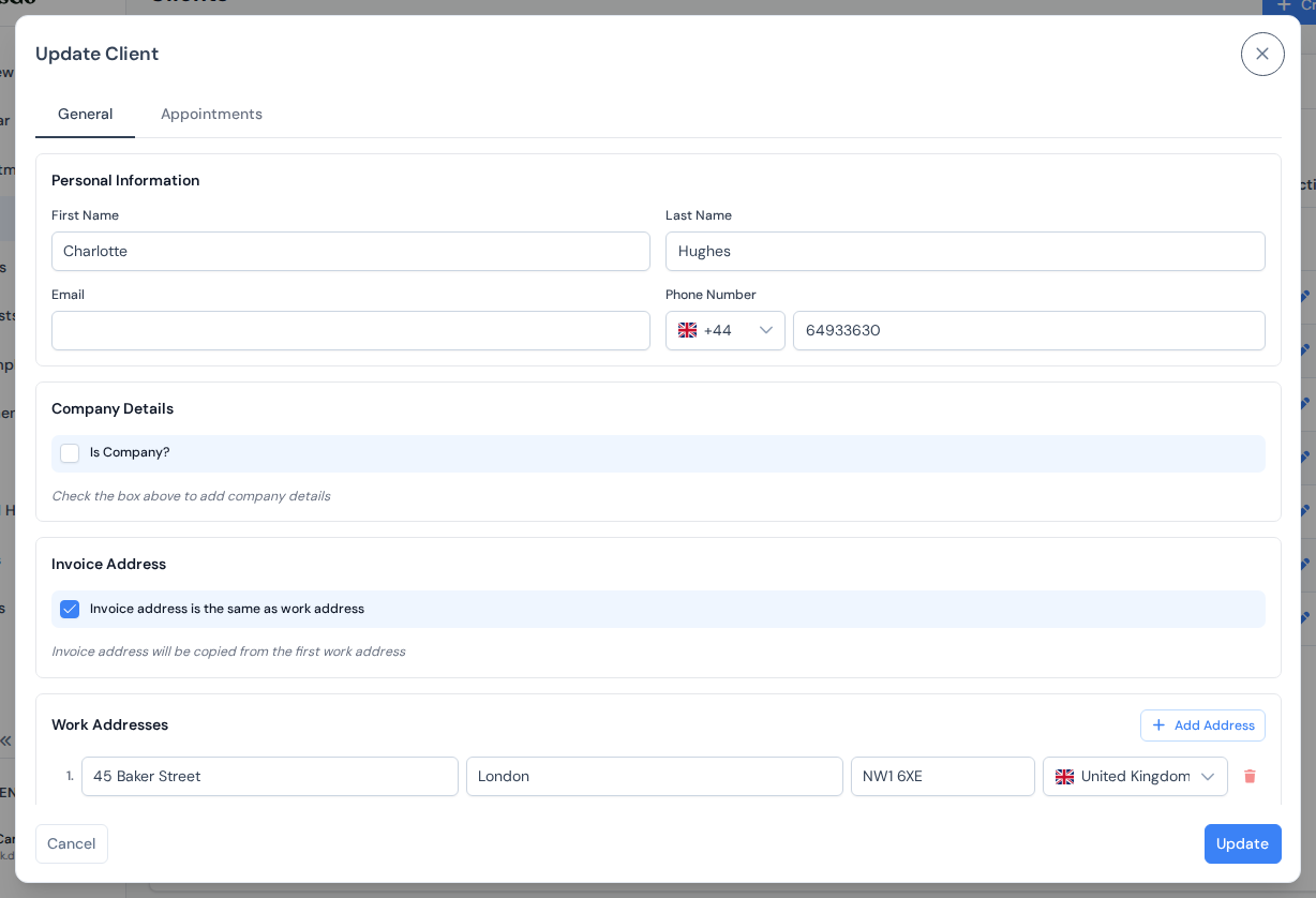 The client dialog with address fields that ServisGo geocodes automatically