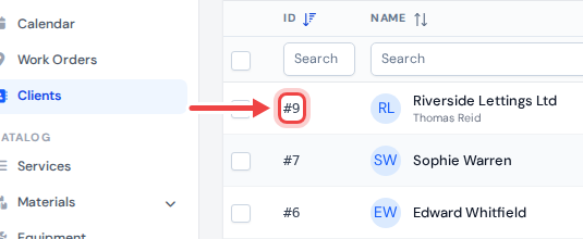 A client row on the Clients page with an arrow pointing at the number in the ID column