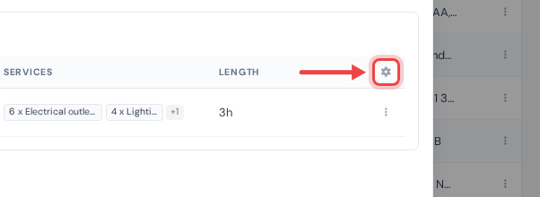 The header row of the work order list in the client dialog with an arrow pointing at the cog icon at its right end