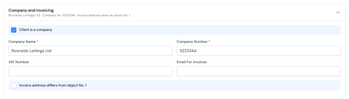 The opened Company and invoicing card with the Client is a company checkbox, the company fields and the invoice address checkbox