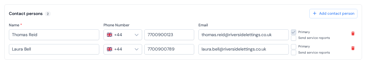 The Contact persons card with two people, Thomas Reid ticked as Primary and Laura Bell below him