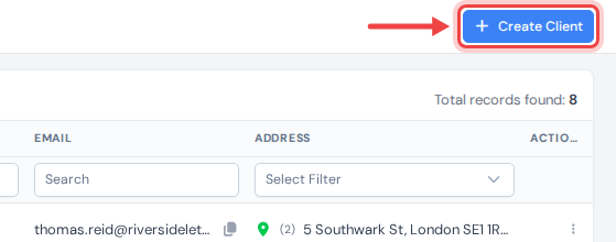 The top of the Clients page with an arrow pointing at the Create Client button in the top-right corner