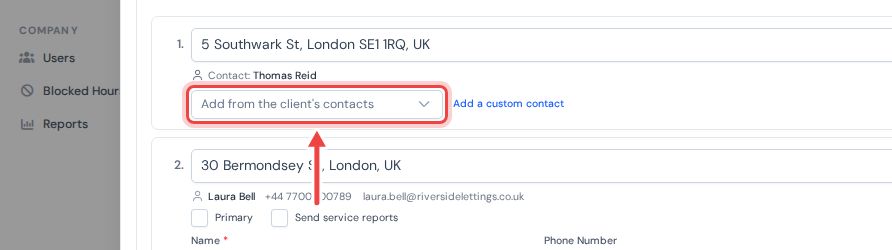 An object row in the client dialog with an arrow pointing at the Add from the client's contacts dropdown under the address