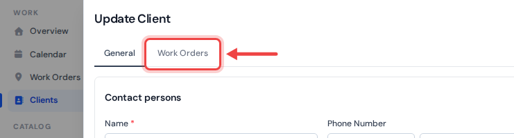 The top of the client dialog with an arrow pointing at the Work Orders tab