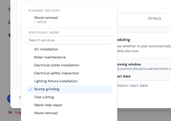 The service picker on a performed work row: planned lines at the top, below them a searchable Additional work list with one extra service ticked