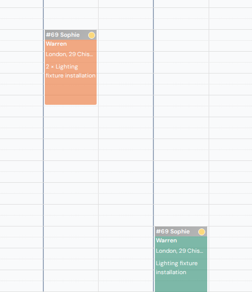 Two past visits of a closed job on the calendar, both faded: the earlier one still orange for unfinished, the later one still green for finished
