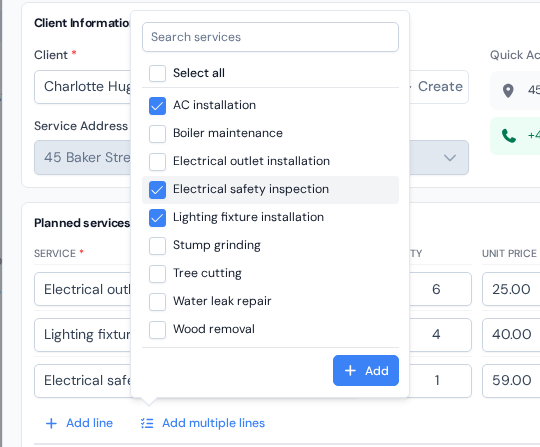 The Add multiple lines list open, with a search box, Select all and several services ticked