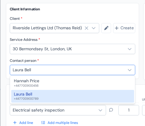 The Client Information section of the work order dialog with the Contact person dropdown open, listing two people of the object