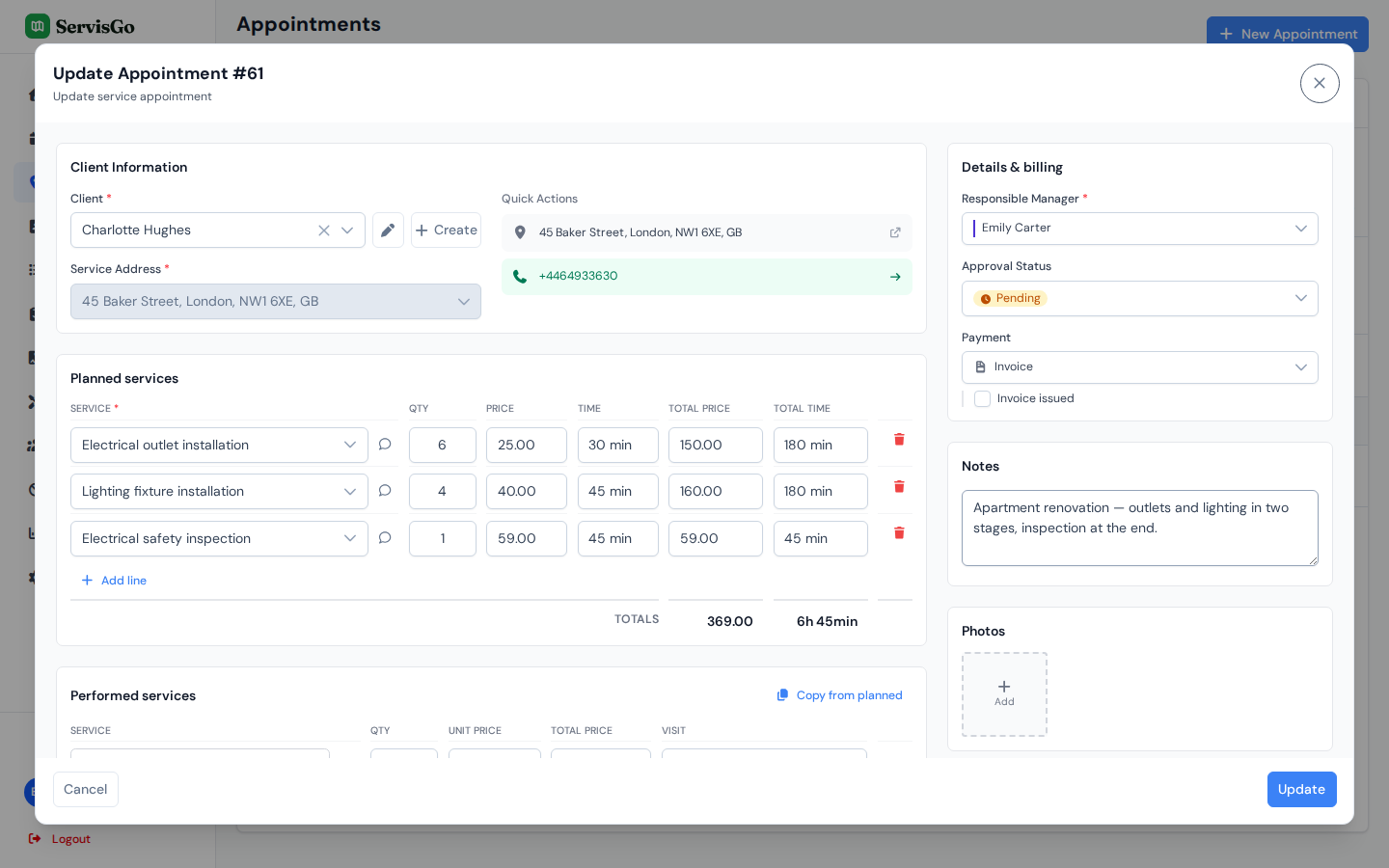 The Create Appointment dialog with a client selected and planned services added