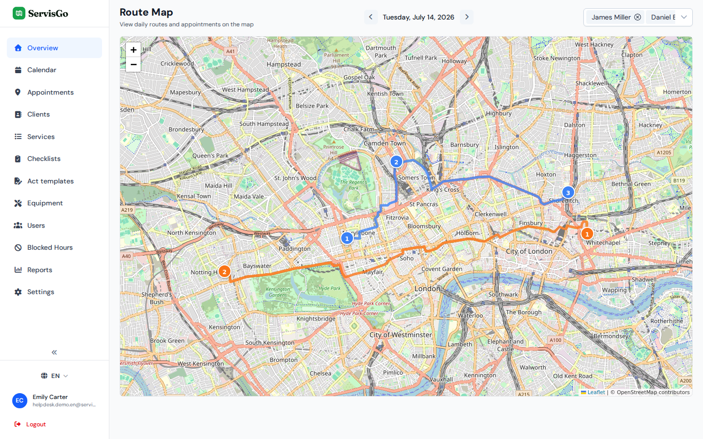 The Overview page showing the route map with technician routes in different colors
