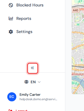 The bottom of the sidebar with the round double-arrow button highlighted