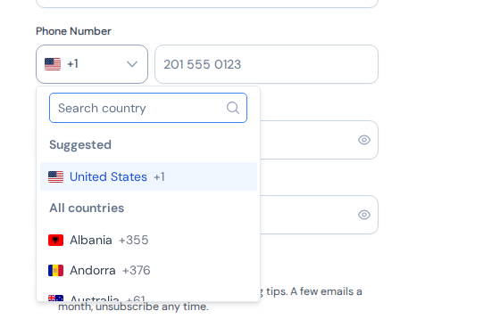 The open phone country list on the registration page