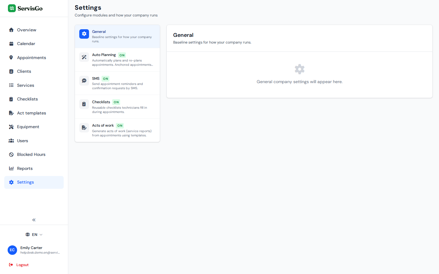 The Settings page with the feature toggles