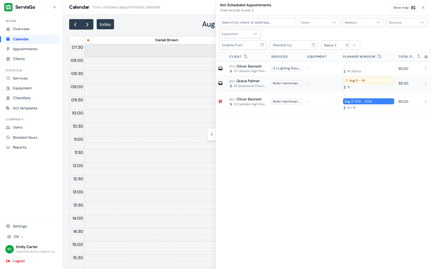 The calendar with the Not Scheduled Appointments panel open next to the technician columns