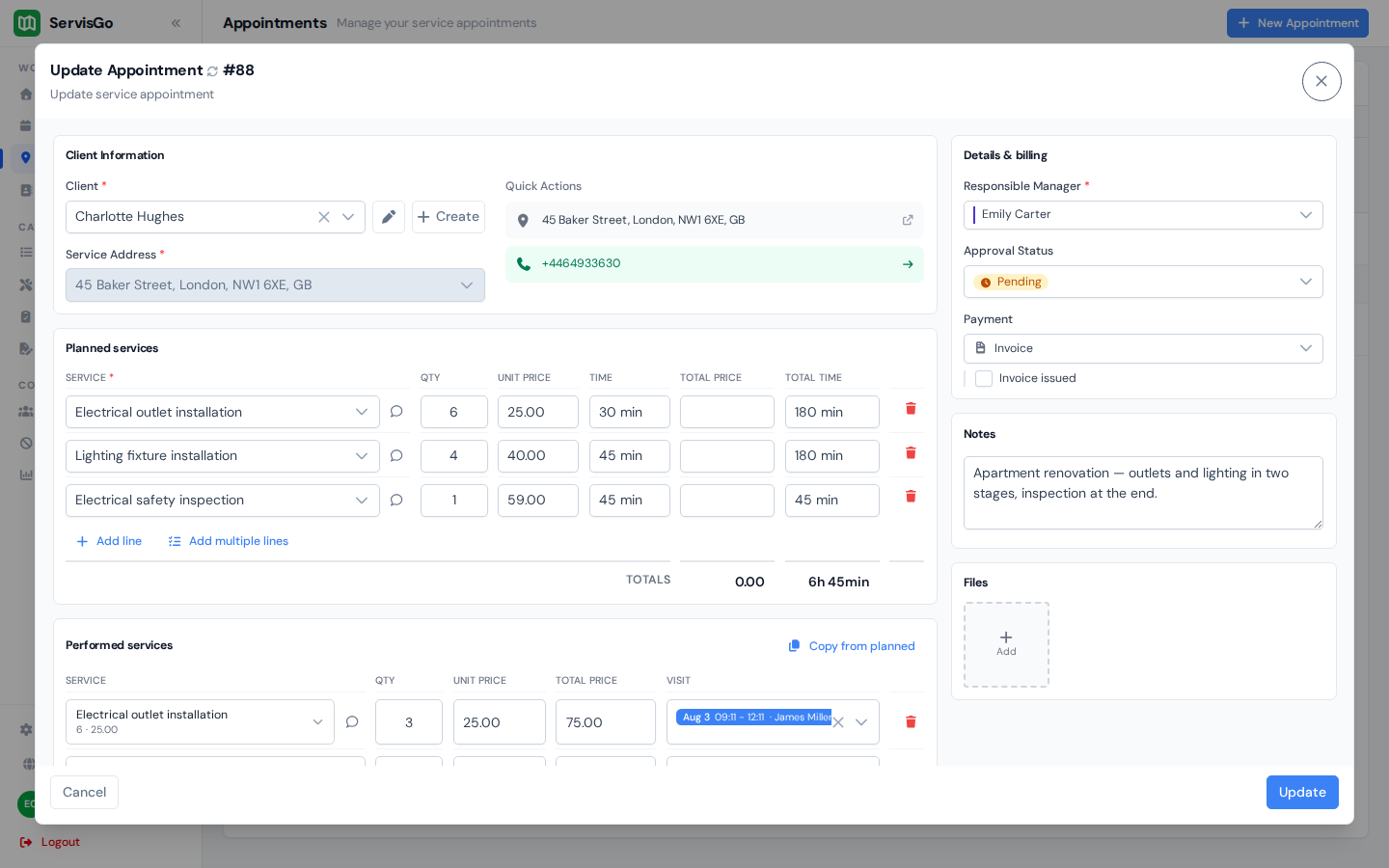 The Create Appointment dialog with a client selected and planned services added