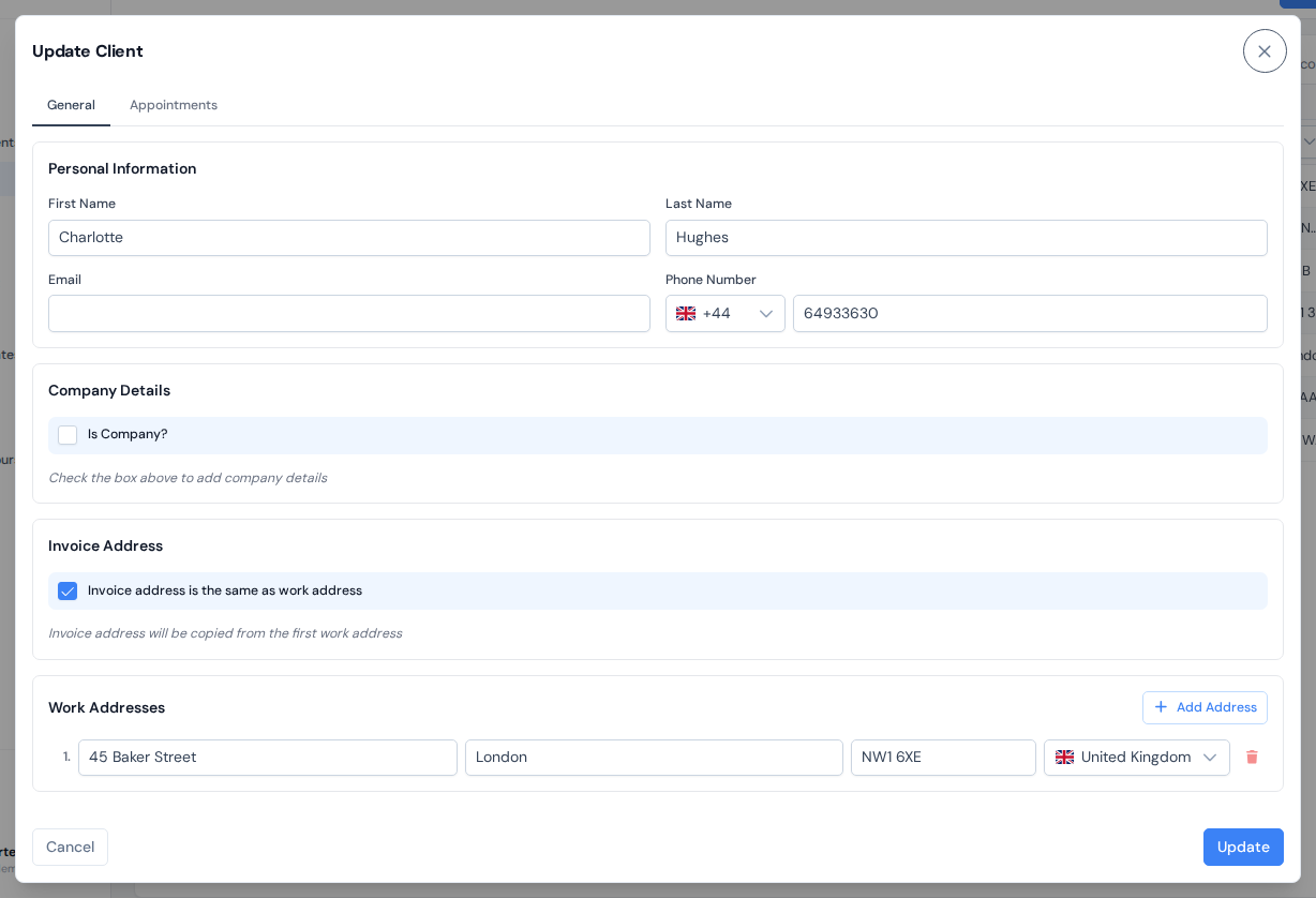 The client details dialog with contact fields and a work address