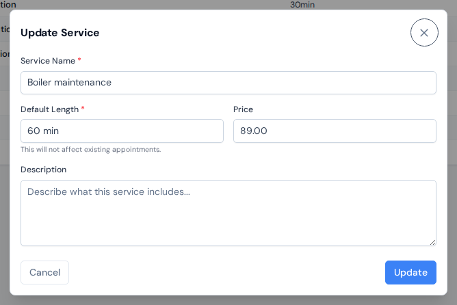 The Create Service dialog with name, length and price fields