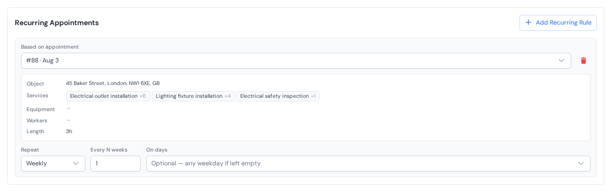 A recurring rule being set up: the base appointment picked, with the repeat settings below it