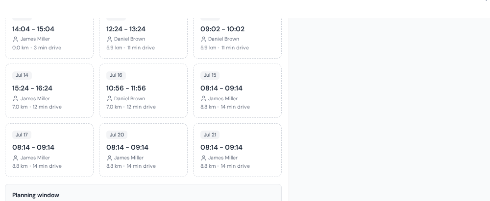 Suggested time slots for an appointment, each showing the driving it would add to a technician's day