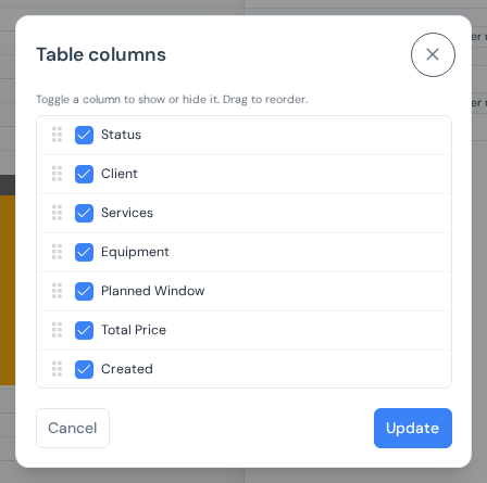 The Table columns dialog with a checkbox and a drag handle for each column
