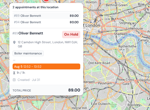 The map in the panel with a pin's hover card open, showing the appointment's details