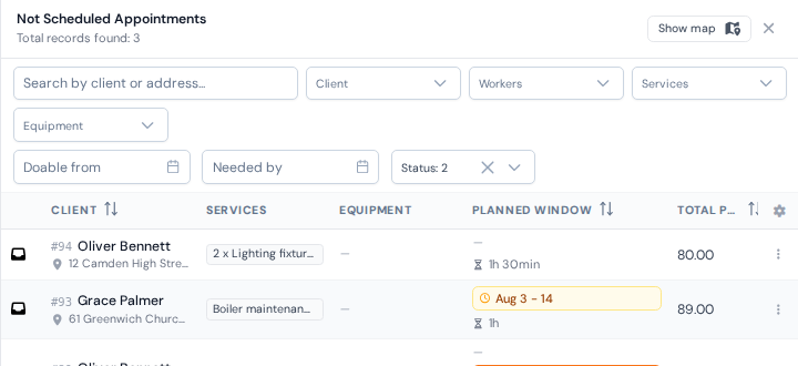 The filters at the top of the panel: search, status, workers and the two planning window date filters