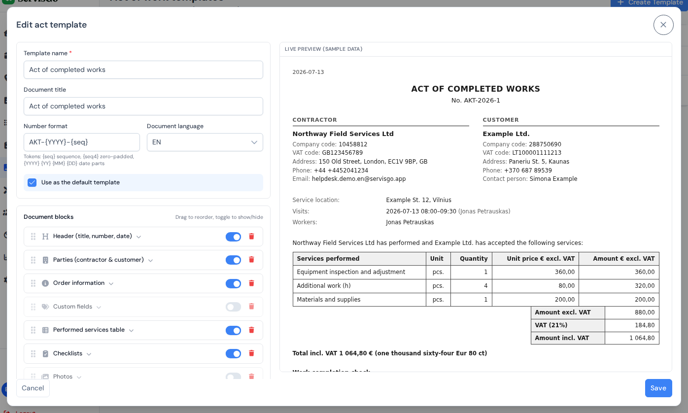 The act template builder with blocks on the left and a live preview of the document on the right