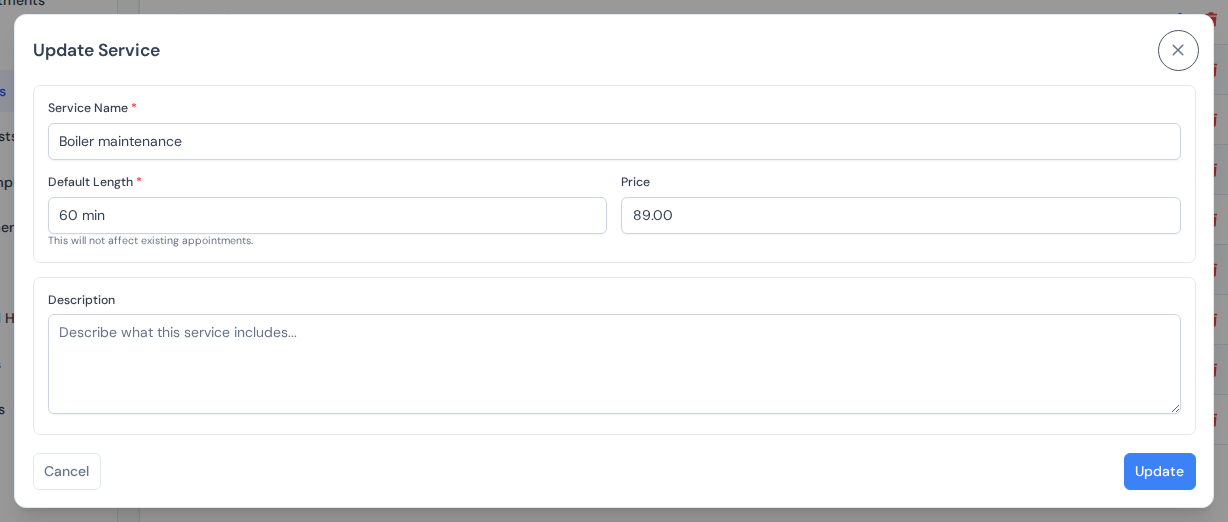 The Create Service dialog with name, length and price fields