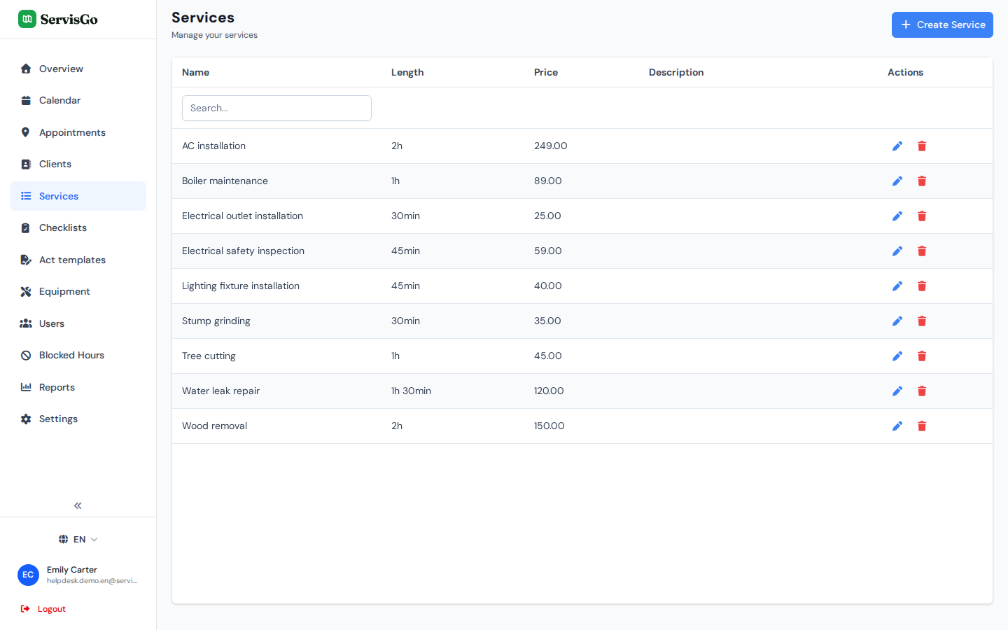 The Services page listing services with their length and price