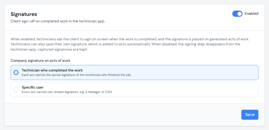 The Signatures panel in Settings with the feature enabled and the company signature source options