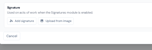 The Signature card in the user dialog with the Add signature and Upload from image buttons