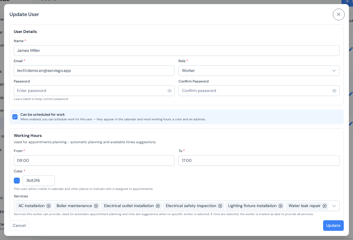 The Create User dialog with name, email, role, working hours, color and address fields filled in for a new technician