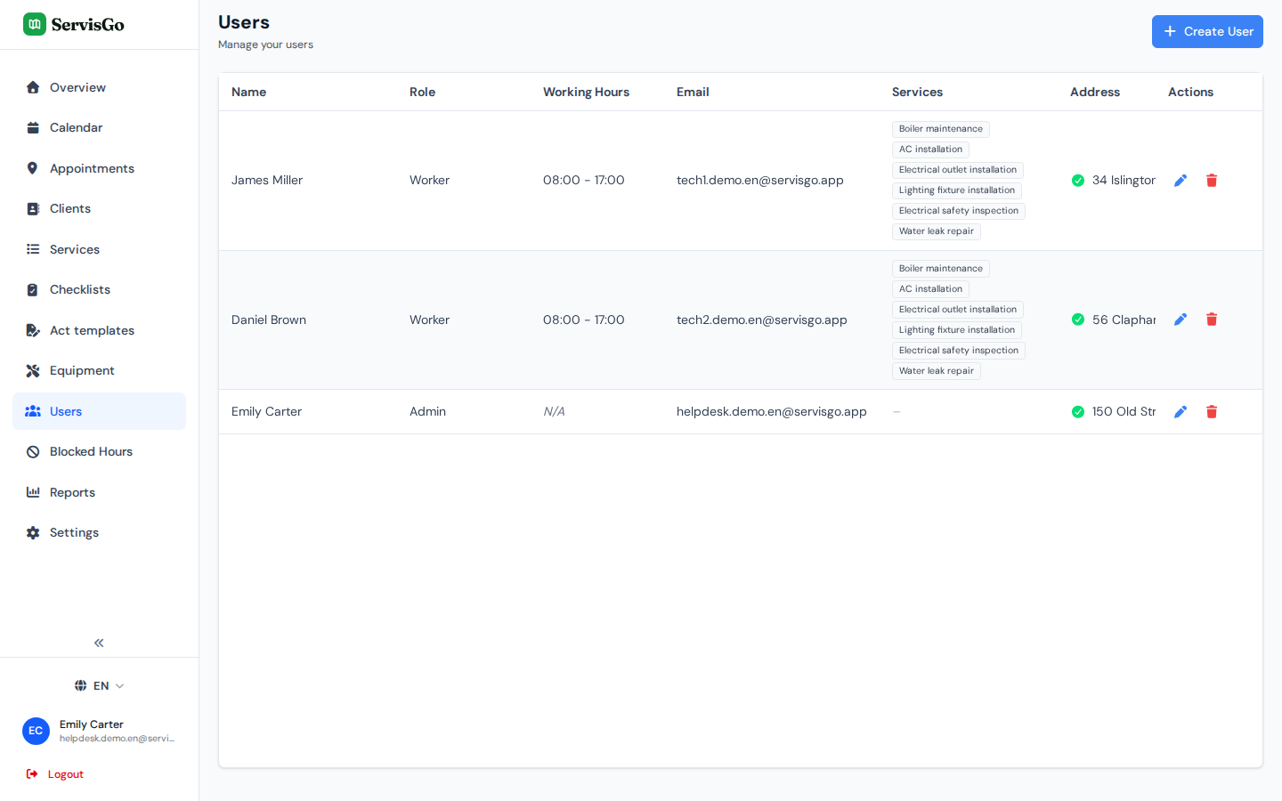 The Users page at Northway Field Services listing Emily Carter as Admin and James Miller and Daniel Brown as Workers