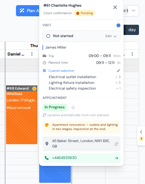 Visit card in the calendar showing the list of work still left to do