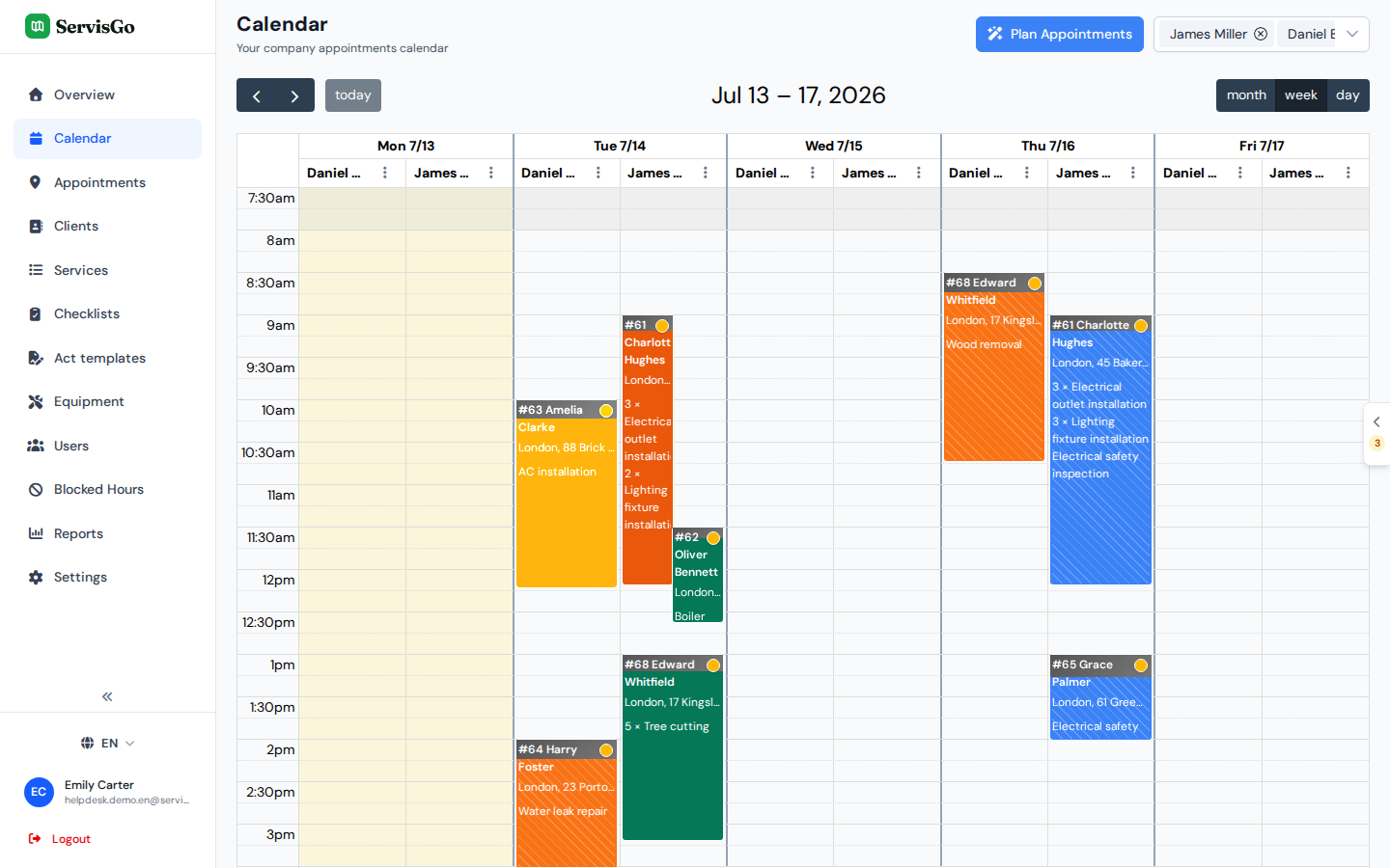 The calendar with visit blocks colored by status as technicians progress through the day