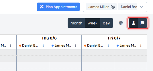 The calendar toolbar with the two color mode buttons highlighted next to the palette icon