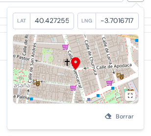 El panel del punto abierto bajo el botón de la chincheta, con los campos LAT y LNG rellenados y una vista previa del mapa con los alrededores del punto