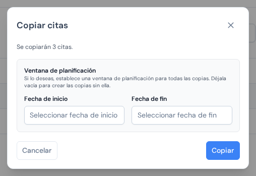 La ventana Copiar citas con el número de copias y las fechas opcionales de la ventana de planificación